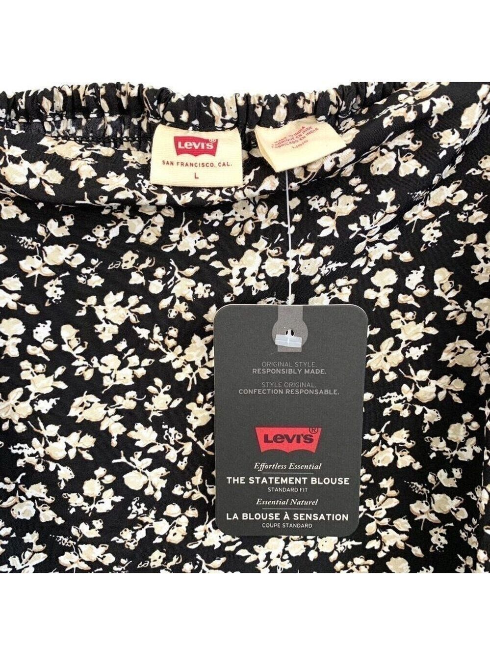 Levi's Dark Floral Cottagecore Top Puff Sleeve Square Neck Womens Large Black - Picture 6 of 12